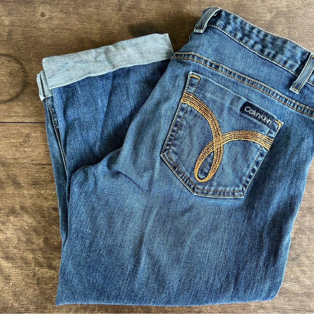Calvin Klein Womens Medium Wash Folded Cuff 5 Pocket Blue Denim Capris 14